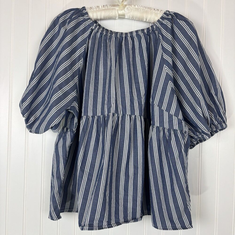 Old Navy Womens Blue Striped Top L 100% Cotton Babydoll Coastal Classic Nautical